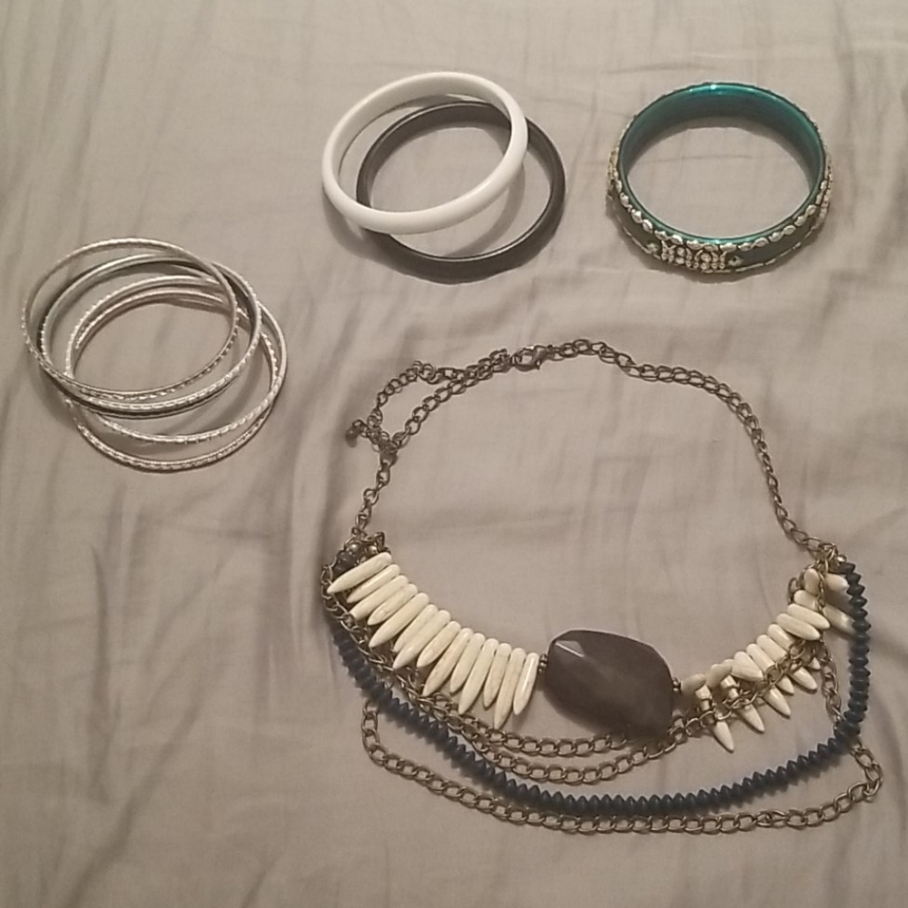 Dark blue necklace + assorted bracelets